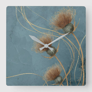 Golden Thistle Teal Blue Texture Elegance Quadratische Wanduhr