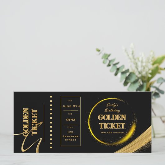 Golden Ticket Black and Gold Einladungskarte (Stehend Vorderseite)