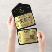 Golden Ticket Black & Gold QR Code Hochzeit All In One Einladung (Abreißen)