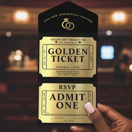 Golden Ticket Black & Gold Wedding All In One Einladung