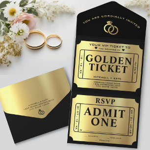 Golden Ticket Black & Gold Wedding All In One Einladung