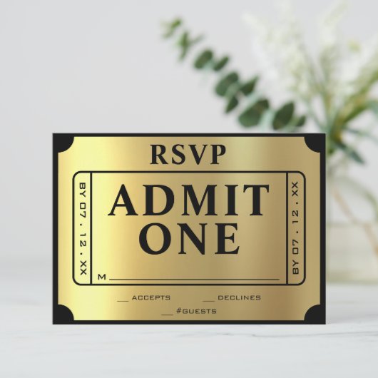 Golden Ticket Black & Gold Wedding RSVP (Stehend Vorderseite)