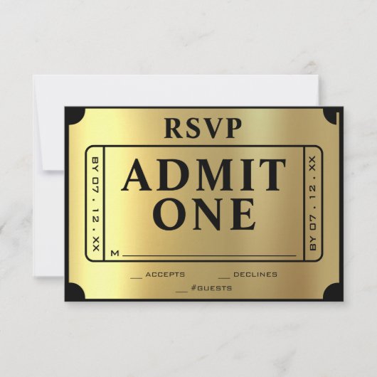 Golden Ticket Black & Gold Wedding RSVP Karte (Vorderseite)