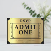 Golden Ticket Black & Gold Wedding RSVP Karte (Stehend Vorderseite)