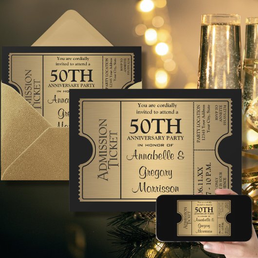 Golden Ticket Style 50. Party zum Hochzeitstag Einladung