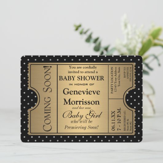Golden Ticket Style Black Gold Girl Baby Dusche Einladung (Stehend Vorderseite)