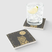 Golden Tiger Stars und Mond auf schwarz Steinuntersetzer (Seitenansicht)