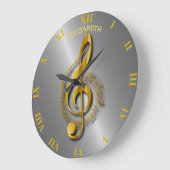 Golden Treble Clef With Notes And Shadows Große Wanduhr (Winkel)