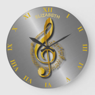 Golden Treble Clef With Notes And Shadows Große Wanduhr