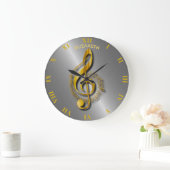 Golden Treble Clef With Notes And Shadows Große Wanduhr (Zuhause)