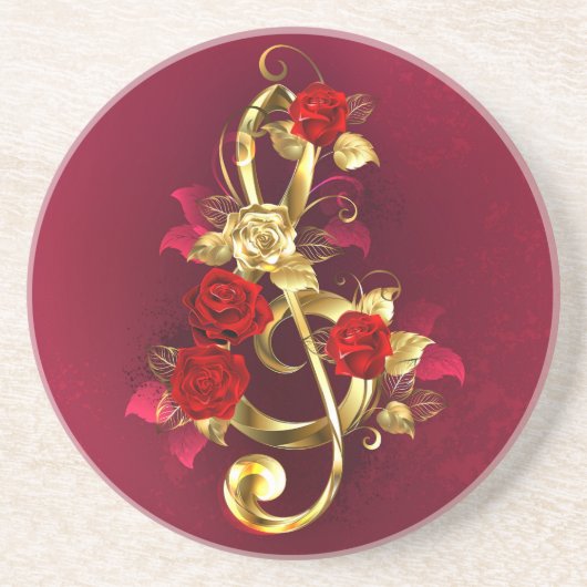 Golden Treble Cleve mit Rose Blume Getränkeuntersetzer (Vorne)