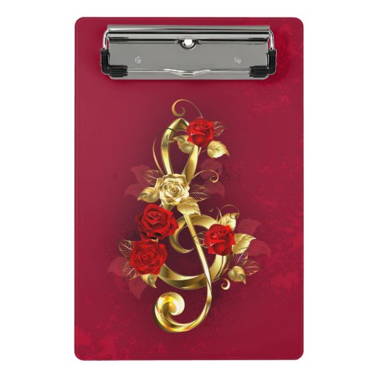 Golden Treble Cleve mit Rose Blume Mini Klemmbrett (Vorderseite)