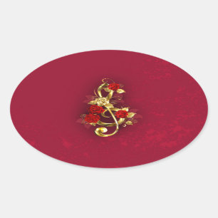 Golden Treble Cleve mit Rose Blume Ovaler Aufkleber