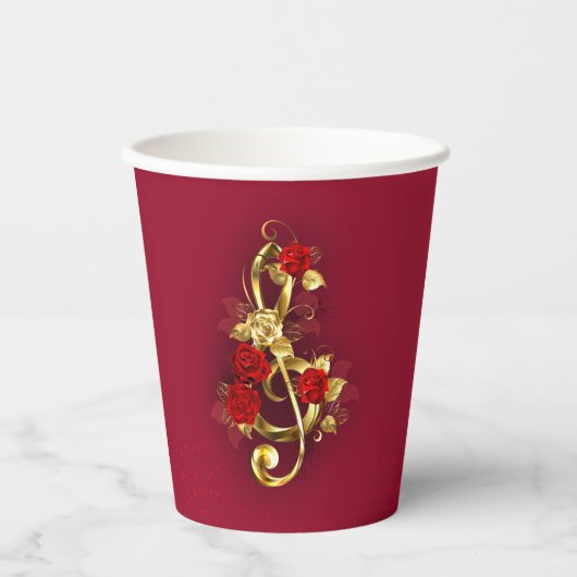 Golden Treble Cleve mit Rose Blume Pappbecher (Vorderseite)