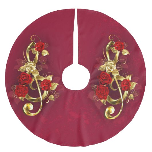 Golden Treble Cleve mit Rose Blume Polyester Weihnachtsbaumdecke (Vorderseite)