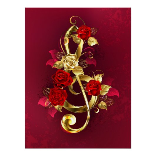 Golden Treble Cleve mit Rose Blume Poster (Vorderseite)