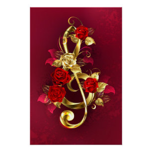 Golden Treble Cleve mit Rose Blume Poster