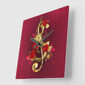 Golden Treble Cleve mit Rose Blume Quadratische Wanduhr (Winkel)