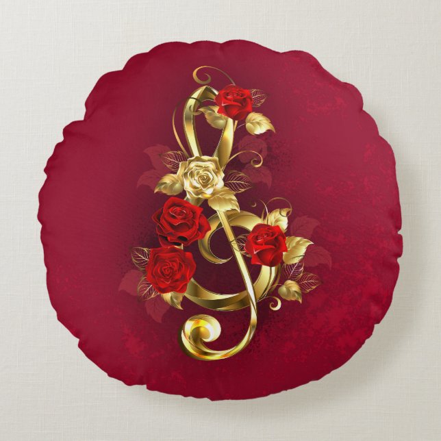 Golden Treble Cleve mit Rose Blume Rundes Kissen (Vorderseite)