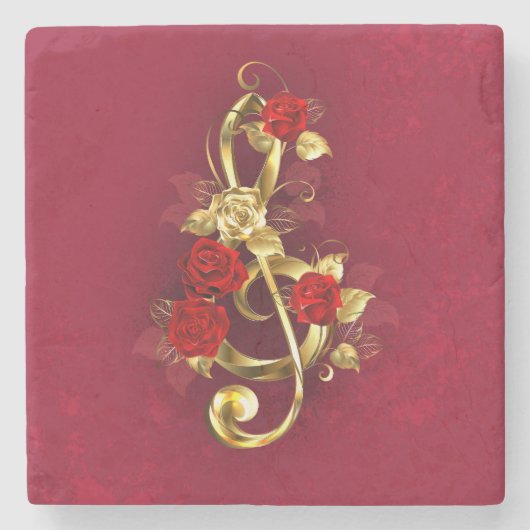 Golden Treble Cleve mit Rose Blume Steinuntersetzer (Vorderseite)