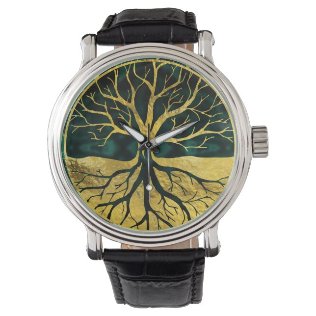 Golden Tree of Life Yggdrasil on Malachite Armbanduhr (Vorderseite)