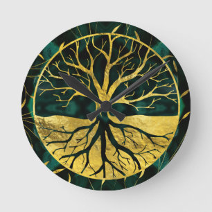 Golden Tree of Life Yggdrasil on Malachite Runde Wanduhr