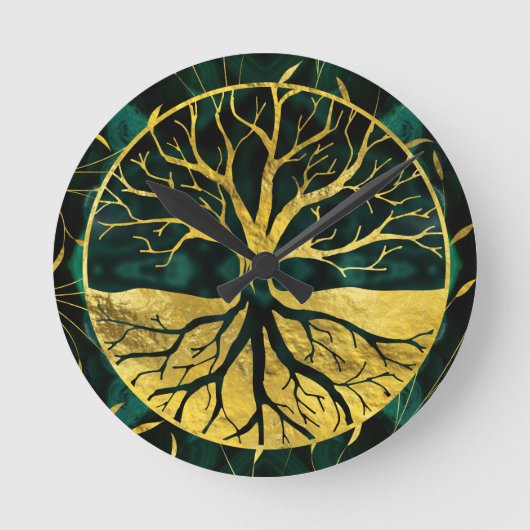 Golden Tree of Life Yggdrasil on Malachite Runde Wanduhr (Vorderseite)