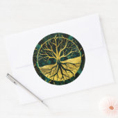 Golden Tree of Life Yggdrasil on Malachite Runder Aufkleber (Umschlag)