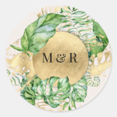Golden Tropical Foliage Monogram Wedding Runder Aufkleber (Vorderseite)