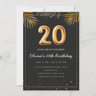 Golden Tropical Palm Blätter 20. Geburtstag Einladung