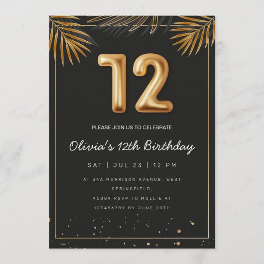 Golden Tropical Palm Leaves 12th Birthday  Einladung (Vorderseite)