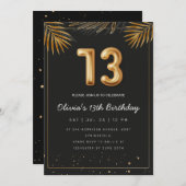 Golden Tropical Palm Leaves 13th Birthday  Einladung (Vorne/Hinten)
