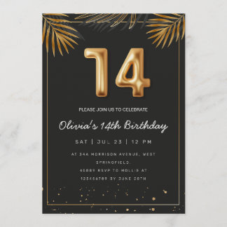 Golden Tropical Palm Leaves 14th Birthday  Invitat Einladung