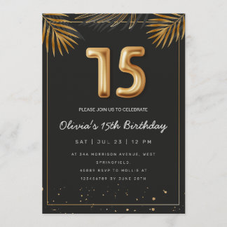 Golden Tropical Palm Leaves 15th Birthday  Einladung