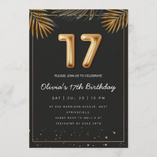 Golden Tropical Palm Leaves 17th Birthday  Einladung