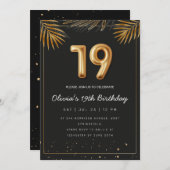 Golden Tropical Palm Leaves 19th Birthday  Einladung (Vorne/Hinten)