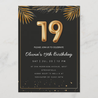 Golden Tropical Palm Leaves 19th Birthday  Einladung