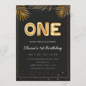 Golden Tropical Palm Leaves 1st Birthday Einladung (Vorderseite)