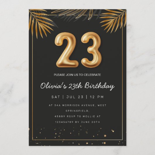 Golden Tropical Palm Leaves 23th Birthday Einladung (Vorderseite)