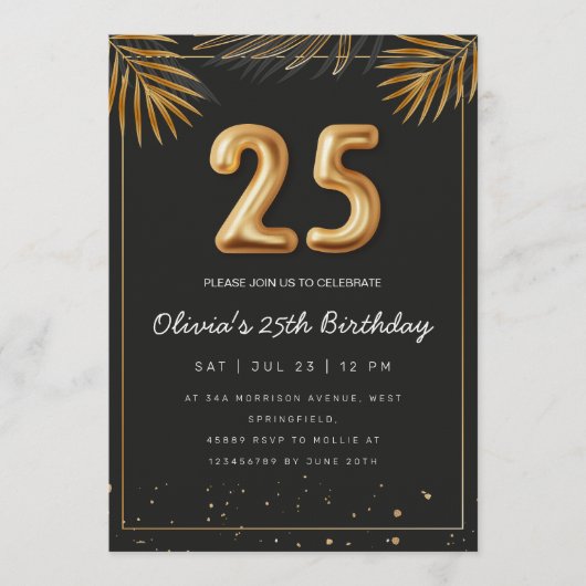 Golden Tropical Palm Leaves 25th Birthday  Einladung (Vorderseite)