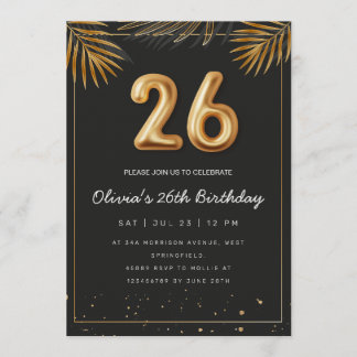 Golden Tropical Palm Leaves 26th Birthday  Einladung
