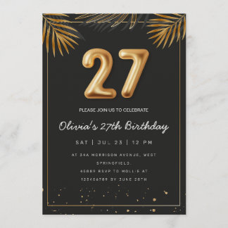 Golden Tropical Palm Leaves 27th Birthday  Einladung