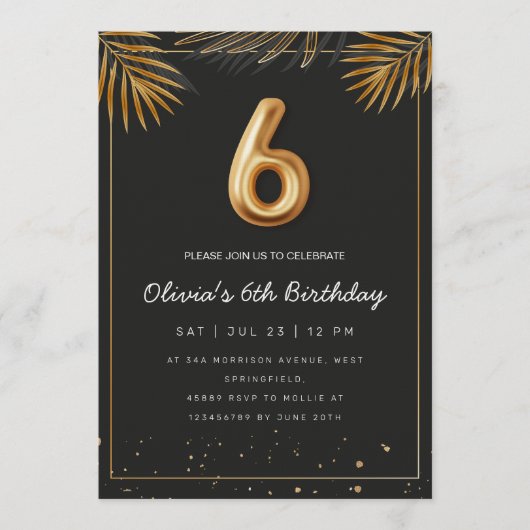  Golden Tropical Palm Leaves 6th Birthday  Einladung (Vorderseite)