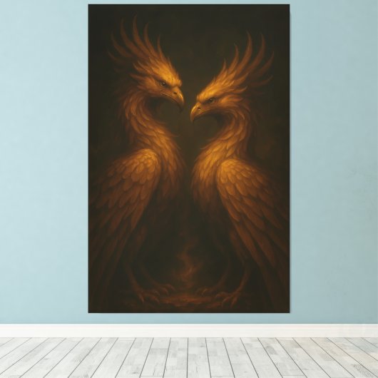 Golden Twin Phoenix • Luxury Fine Art Canvas Leinwanddruck (Insitu (Holzboden))