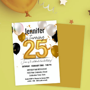 Golden und Black Balloons und Confetti 25. Geburts Einladung