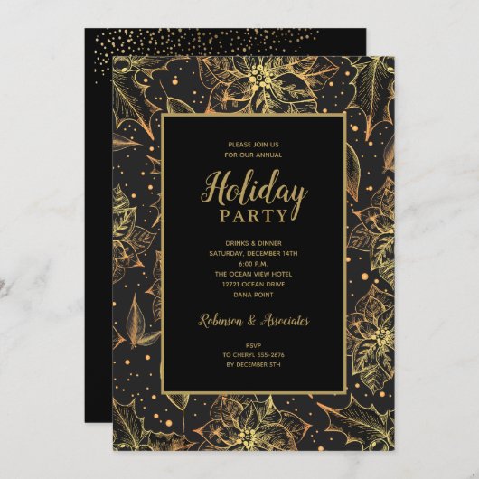 Golden und Black Floral Einladung (Vorne/Hinten)