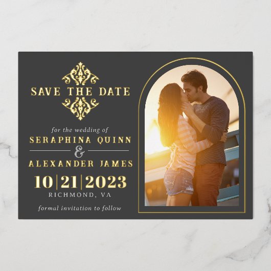 Golden und Black Foto Arch | Elegant Save the Date Folieneinladung (Vorderseite)