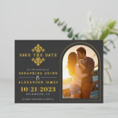 Golden und Black Foto Arch | Elegant Save the Date Folieneinladung (Stehend vorne)