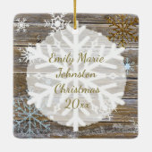 Golden und Blauer Schneeflocken Foto Ornament (Rückseite)