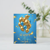Golden und Blue Balloons und Confetti Geburtstag Postkarte (Stehend Vorderseite)